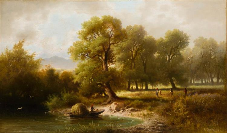 Flussufer mit Kahn und großen Bäumen - Adolf Chwala