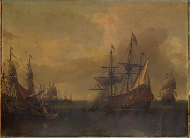 A Dutch three-master firing a salute, together with numerous other ships - Aernout Smit