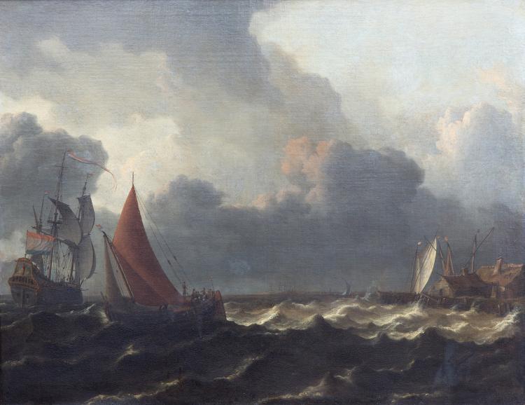 A smalship closed hauled in a stiff breeze with a flagship offshore to the left and a jetty to the right - Aernout Smit