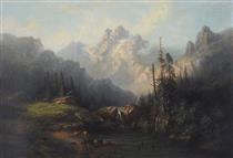 Mountain Landscape with Cottage and figures - Albert Bredow