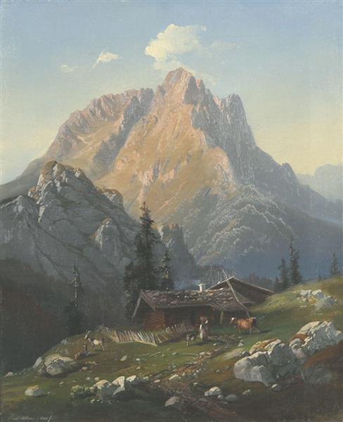Chiemgauer Alpenlandschaft mit Almhütte. Blick auf den Hochstaufen - Carl Millner