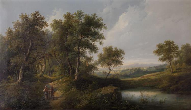 Travellers in a wooded landscape near a river - Eduard Boehm