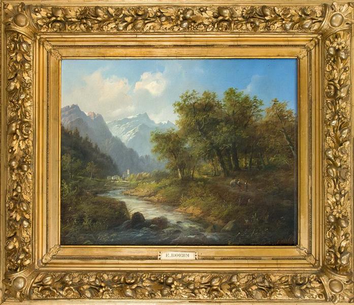 stream in alpine landscape with staffage figures and village in the background - Eduard Boehm