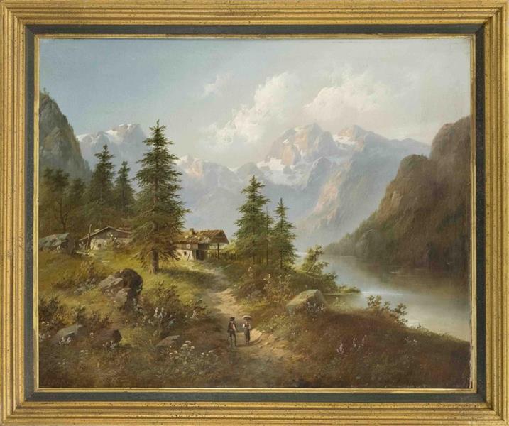 Mountain landscape with figures and huts - Eduard Boehm