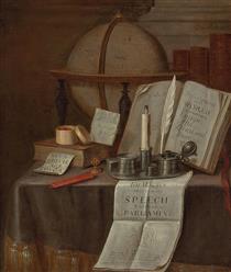 Omnia Vanitas: a book with a paper marker inscribed VITA BREVIS ARS LONGA, a glove, an open copy of 'Description of the World', a pewter standish with a candle, and a pamphlet from 1698, on a table - Edward Collier