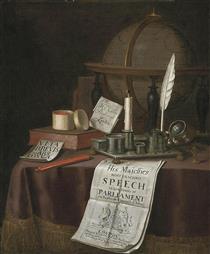A globe, an inkwell with a candle, books and other objects on a draped table - Edward Collier