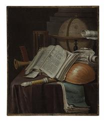 A vanitas still life with an open book, a lute, recorders, scores, a globe and an hourglass on a draped table - Edward Collier
