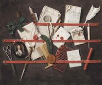 A trompe l'oeil of a letter rack with documents, pamphlets, a miniature of King William III (1650-1702), a medallion, a quill, a stick of red wax, a magnifying-glass, combs, scissors, and other objects - Edward Collier