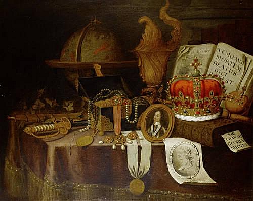 A vanitas still life with a globe, court jewels in a casket, a sword, a miniature portrait of King Charles I and other objects on a draped table - Edward Collier