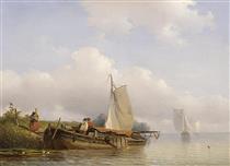 Dutch river landscape with boats - Frans Arnold Breuhaus de Groot