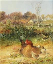 Study of a hen and her chicks on a country lane - George Hickin