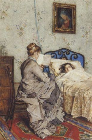 En lille sengeliggende pige får læst historier - Giuseppe Tivoli