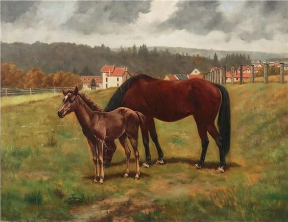 Mare and foal in a pasture - Gustave Neymark
