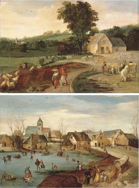 Summer: a landscape with peasants, cattle and sheep by a farm house; and Winter: a village scene with skaters on a frozen lake - Jacob Grimmer