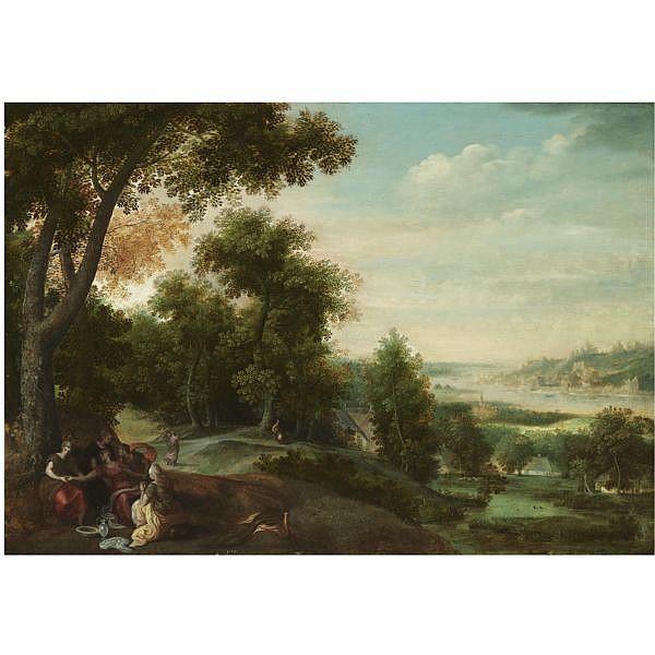 An extensive landscape with a mythological scene - Jacob Grimmer