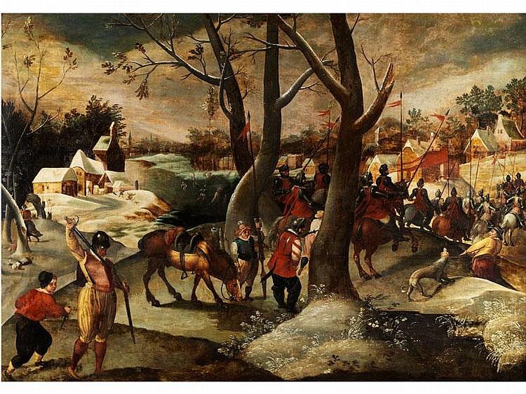 Der Maler arbeitet in der Stilnachfolge von Pieter Brueghel, was den Bildaufbau und die Wiedergabe der Figuren erklärt - Jacob Grimmer