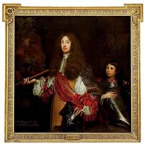 Portrait of Sir William Widdrington, 2nd Baron Widdrington of Blankney (d.1675), standing three-quarter-length, in a buff coat with white sleeves with red bows, his hand resting on a helmet and holding a baton, a young boy, possibly his son or page, at his side holding a breastplate, a view to a battle beyond with erroneous identifying inscription 'Sυr. Wυm. Widdrington Kυt. v Barυt./1υsυt Lord Widdrington of Blankney - Jacob Huysmans