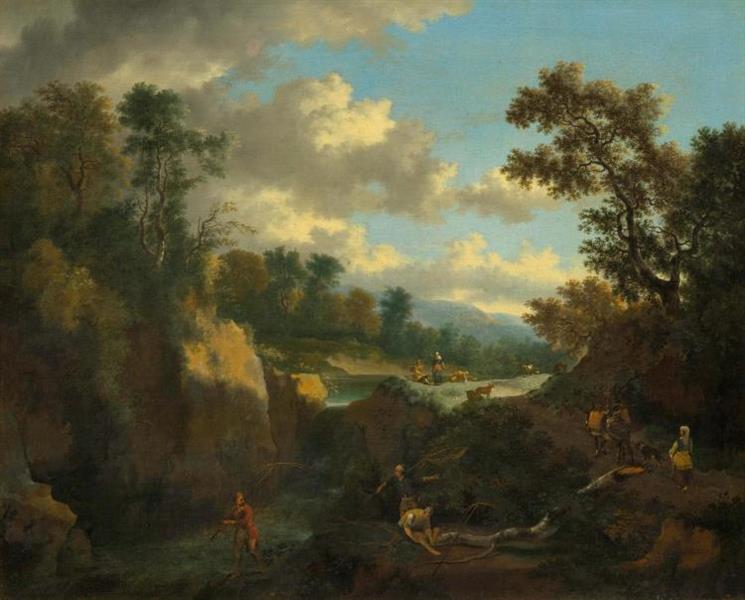 Fishers, shepherd and travellers at a waterfall - Jan Hackaert