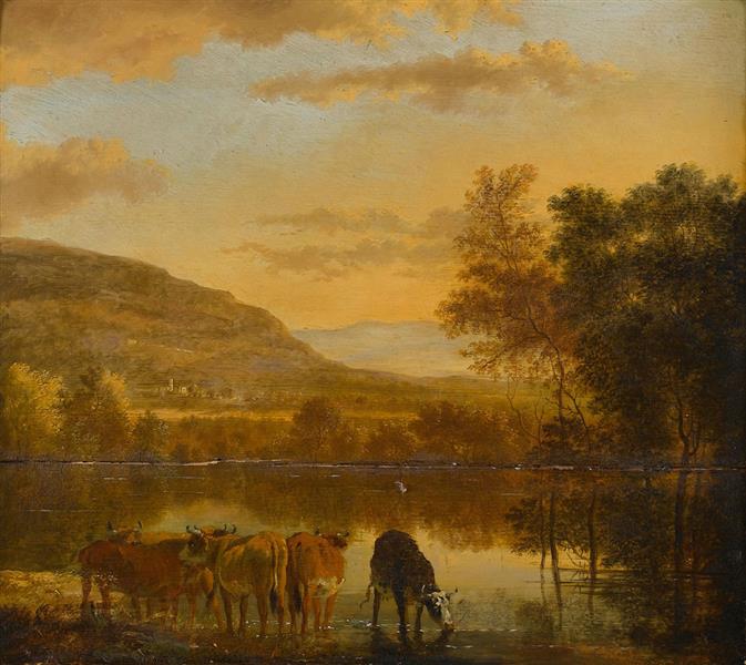 A river landscape with cattle watering in the foreground - Jan Hackaert