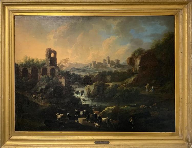 Landscape with ruins, waterfalls and flock - Johann Heinrich Roos