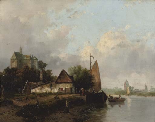 A ship moored near a Dutch town - Johannes Joseph Destrée