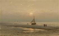 A BEACH SCENE AT DUSK - Johannes Joseph Destrée