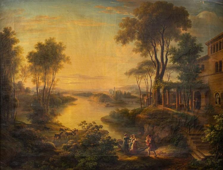 Italian river landscape at evening light, in the foreground arrival of a bark at a villa - Karl Heinrich Jaeckel
