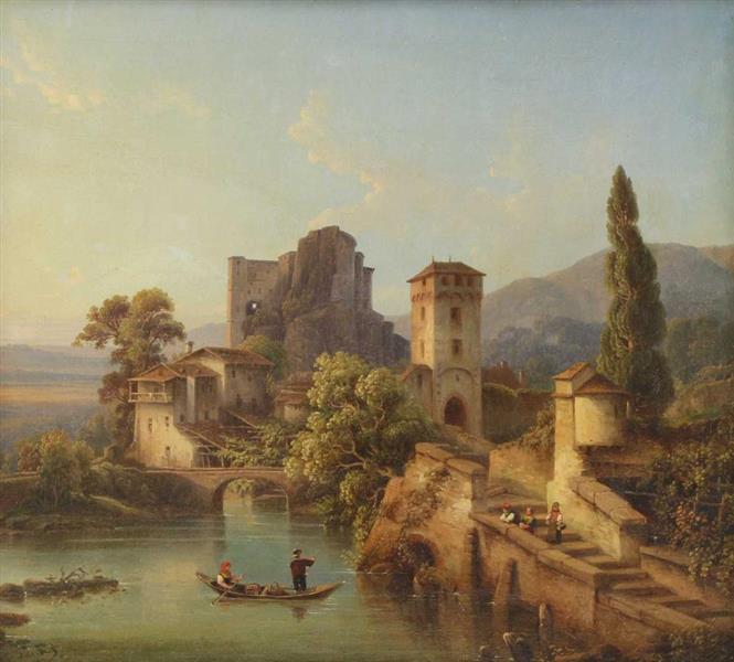 A lakeside castle in a mountainous landscape with figures in the foreground - Karl Heinrich Jaeckel