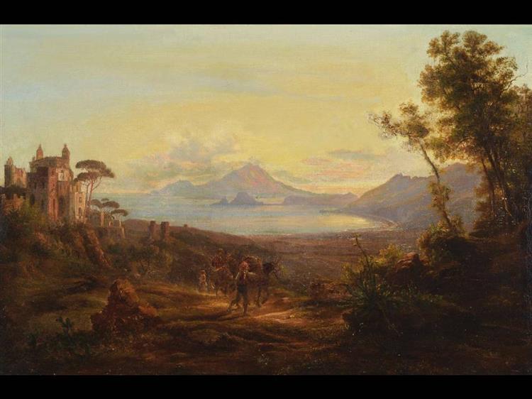 View of the Bayac Bay, in the background the sea in the sunset, left a Castello, in the foreground people withdonkey - Karl Heinrich Jaeckel