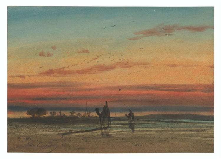 Sunset in Egypt, with two Bedouins on camels - Louis-Amable Crapelet