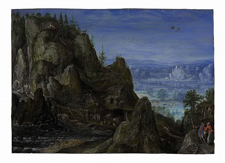 An extensive rocky landscape with travellers on a path and a mill beyond - Lucas van Valckenborch