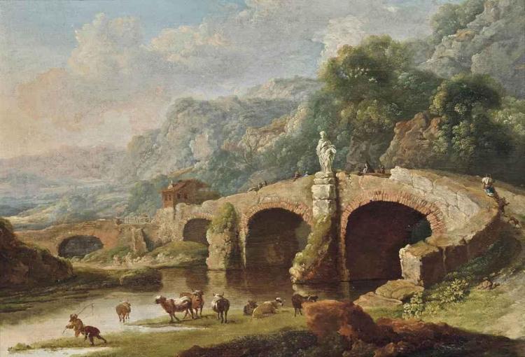 A wooded river landscape with fishermen and drovers with their cattle, a bridge and mountains beyond - Michael Wutky