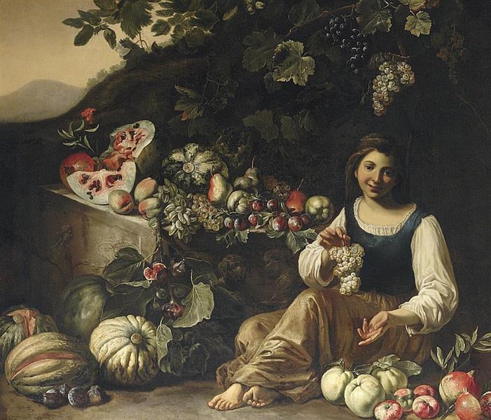 A girl holding a bunch of grapes, with a melon, squashes, plums and other fruit, in a landscape - Michelangelo Cerquozzi