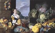 Cookmaid with Still Life of Vegetables and Fruit - Nathaniel Bacon