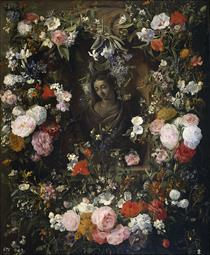 Guirnalda rodeando a la Virgen María - Nicolaes van Verendael