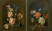 A pair: Bouquets of flowers with roses and carnations in stone niches - Nicolaes van Verendael