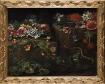 Still life with flowers and snake - Paolo Porpora
