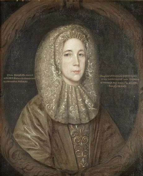 Portrait of Grace Bampfylde, bust-length, in a gold dress and a lace headdress, within a painted stone cartouche - Peter Borseller