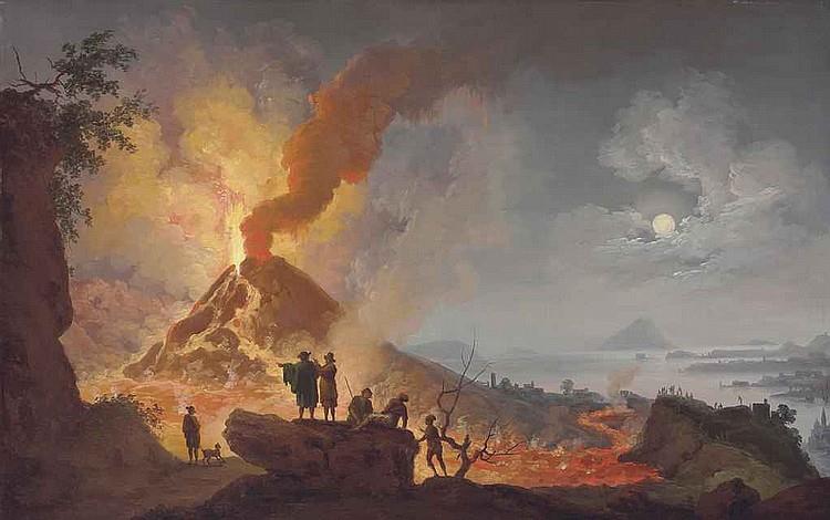 Mount Vesuvius erupting by night seen from the Atrio del Cavallo with spectators in the foreground, a panoramic view of the city and the Bay of Naples beyond - Pierre-Jacques Volaire
