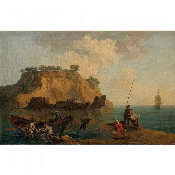 VIEW OF A MEDITERRANEAN SHORE WITH FISHERMEN - Pierre-Jacques Volaire