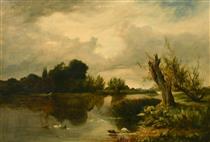 river landscape with ducks in the foreground - Sidney Richard Percy