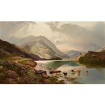 CATTLE WATERING IN A MOUNTAIN LAKE - Sidney Richard Percy