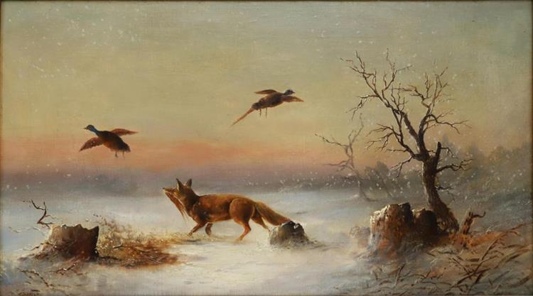 Winter landscape with a fox hunting pheasants - Thomas Birch
