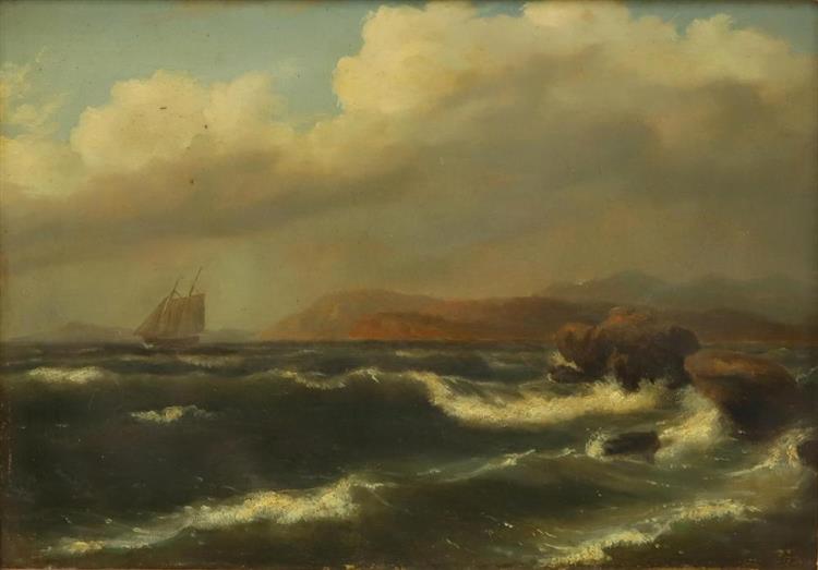 Coastal landscape with turbulent surf and masted ship in the distance - Thomas Birch