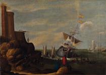 Veduta costiera con vascello - Thomas Wijck