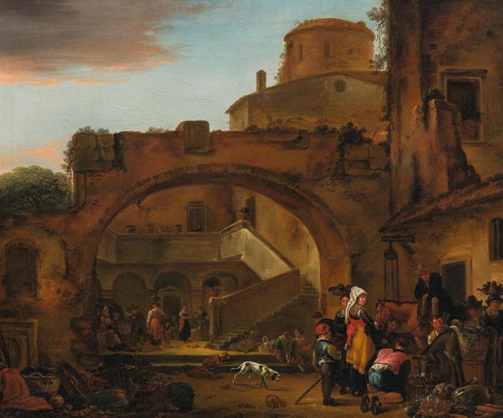 Bauern und Händler in römischer Hofarchitektur - Thomas Wijck