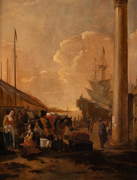 HARBOUR VIEW WITH MERCHANTS AND FISHERMEN - Thomas Wijck
