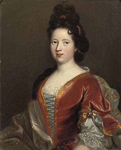 Portrait of a young lady, half-length, in a gold embroidered red velvet dress and white chemise - Abraham Mignon