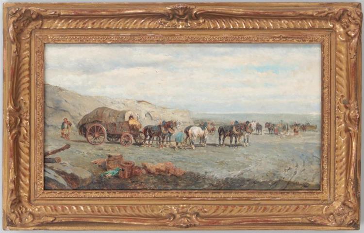 coastal landscape with travelers and horse-drawn carriage - Alexander von Bensa