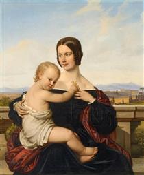 Portrait of a Young Mother with Child in front of a Broad Italian Landscape - Benno Frederick Toermer